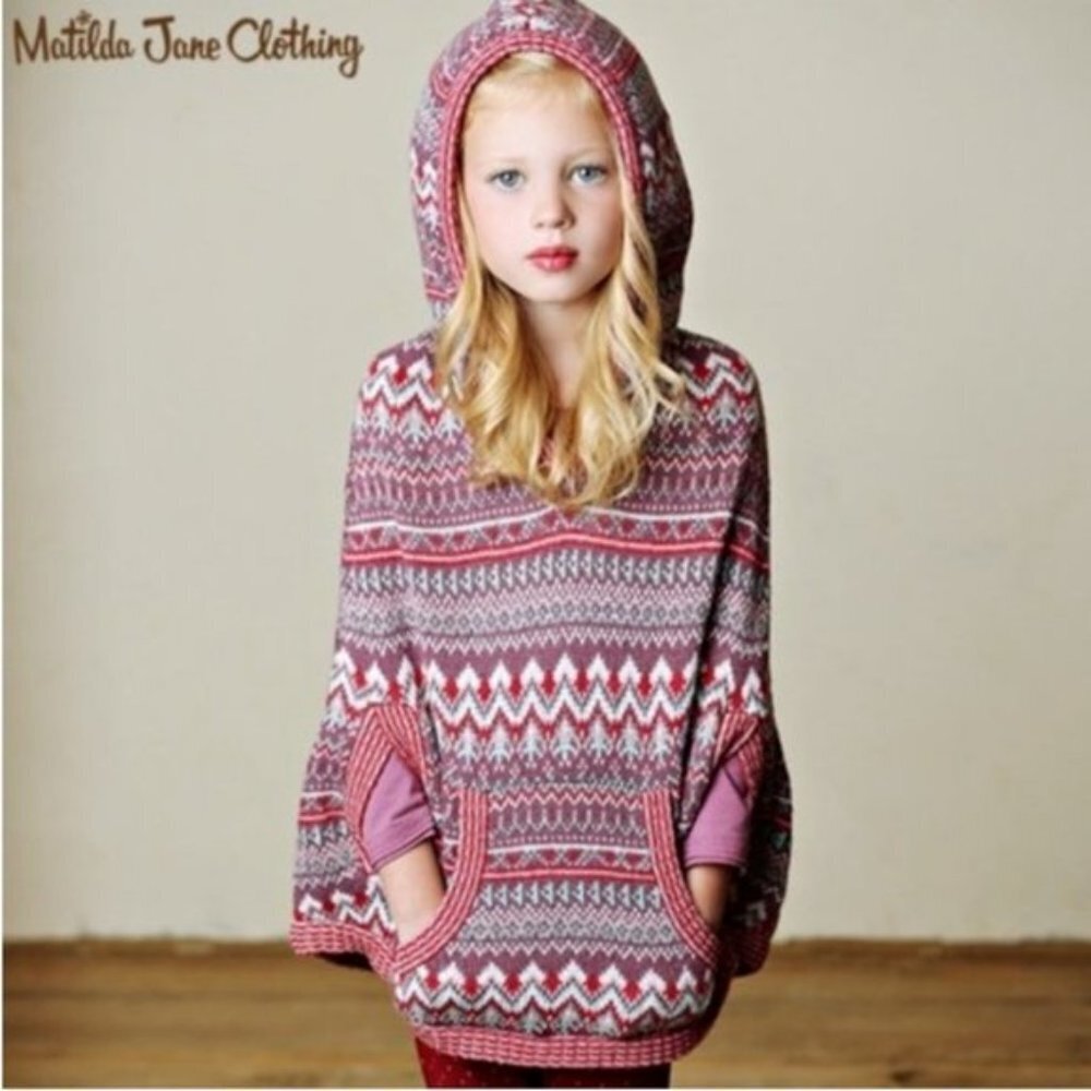 Matilda Jane Girls Purple Fair Isle Angora Mix Sweater Poncho Sherpa Hood S 4‎